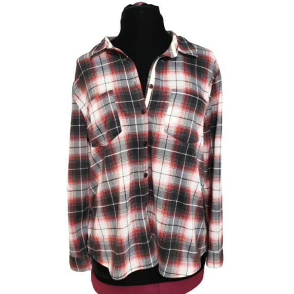 Eden & Olivia Plaid High Low Button Front Collared Pocket Tunic Top Large - Picture 1 of 9